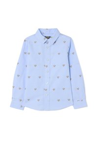 Lichtblauw overhemd met lange mouwen, voorzien van een herhaald berengezichtpatroon in bruin. Gemaakt van een gladde stof met een klassieke kraag.