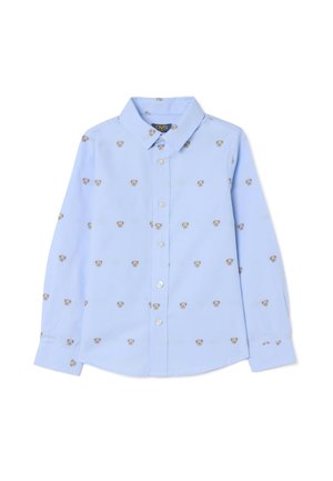 Camisa de botones color azul claro con mangas largas, que presenta un patrón repetido de caras de oso en marrón. Fabricada con una tela suave y con un cuello clásico.