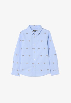 Lichtblauw overhemd met lange mouwen, voorzien van een herhaald berengezichtpatroon in bruin. Gemaakt van een gladde stof met een klassieke kraag.