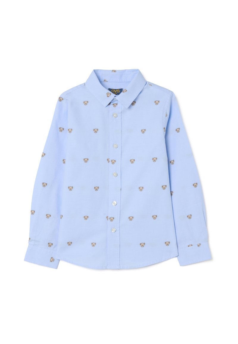 Lichtblauw overhemd met lange mouwen, voorzien van een herhaald berengezichtpatroon in bruin. Gemaakt van een gladde stof met een klassieke kraag.