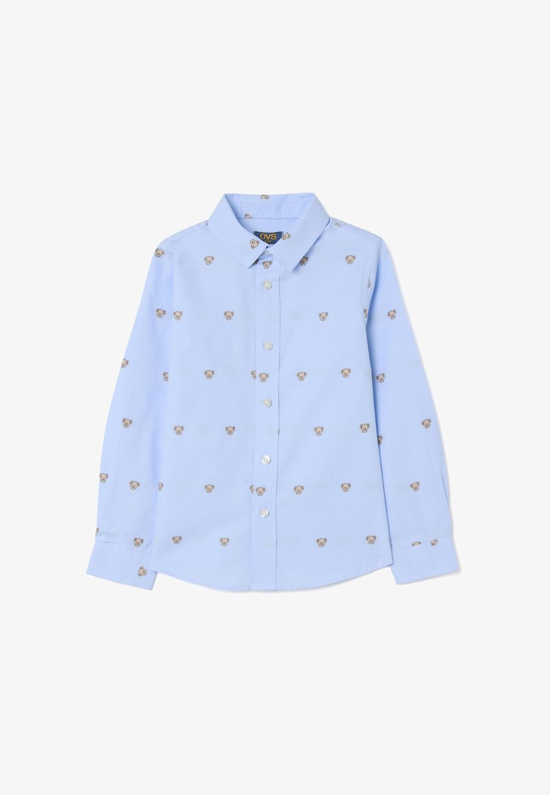 Lichtblauw overhemd met lange mouwen, voorzien van een herhaald berengezichtpatroon in bruin. Gemaakt van een gladde stof met een klassieke kraag.