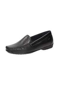 Schwarze Leder-Slipper mit genähten Details entlang der Zehenpartie und einer niedrigen Gummisohle.