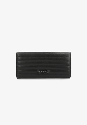 Black leather wallet with a ribbed texture, featuring a metallic PICARD logo on the front. Compact rectangular design.