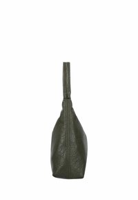 Grüne Lederhandtasche mit strukturierter Oberfläche, langgestreckter Form und einem einzigen Griff. Verfügt über einen Reißverschluss an der Oberseite.