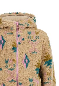 Fleece hooded jacket in beige, met een roze en teal geometrisch patroon, met een volledige ritssluiting aan de voorkant en een zachte textuur.
