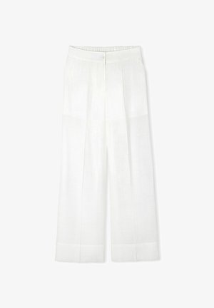 Wijd gesneden broek in lichtgewicht witte stof, met een knoopsluiting en plooidetails. Kruidige textuur en een nette, op maat gemaakte afwerking.