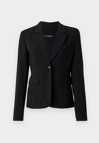 Černý blazer vyrobený z hladké látky, s jedním knoflíkem, klopovým límcem, dvěma předními kapsami a slim fit střihem.