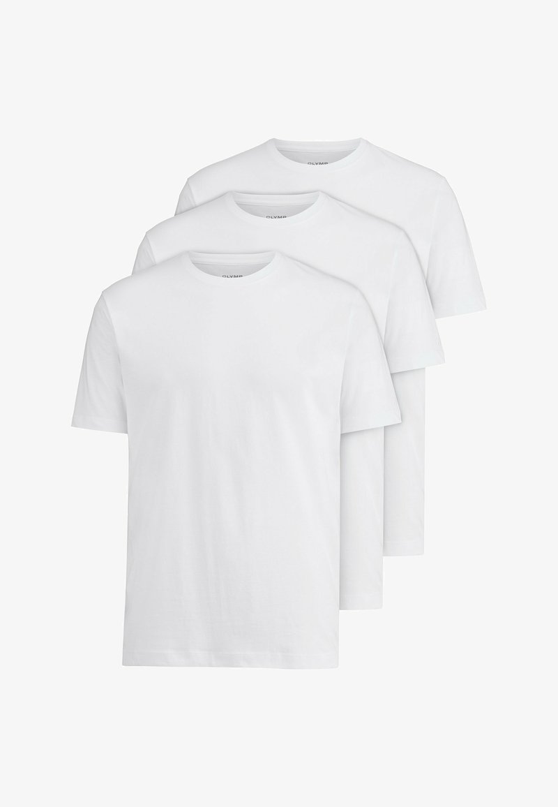 Drie witte katoenen t-shirts met ronde hals, korte mouwen en een klassieke pasvorm. Glad textuur zonder zichtbare patronen of accenten.