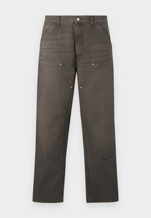 Brūnas taisna griezuma darba bikses ar pastiprinātiem ceļa ieliktņiem, priekšējām kabatām, jostas cilpām un pogas aizdari.