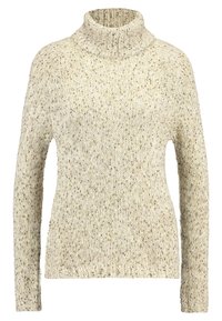 Sweter robiony na drutach w kolorze kremowym z kołnierzem typu golf, z teksturowanym materiałem i nakrapianym wzorem. Długie rękawy o luźnym kroju.