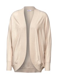 Beige cardigan met een open voorkant, ribbelrand en lange mouwen. Gemaakt van zachte materialen met een ontspannen pasvorm en een minimalistisch ontwerp.