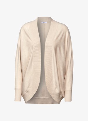 Beige kardigan s otevřeným předním dílem, žebrovanými okraji a dlouhými rukávy. Vyroben z měkkého materiálu, s uvolněným střihem a minimalistickým designem.