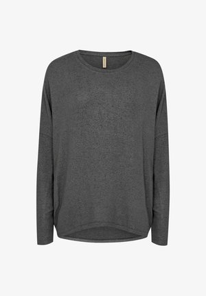 Long-sleeve gray top made of soft fabric, featuring a rounded neckline, relaxed fit, and slightly curved hem with a textured appearance.