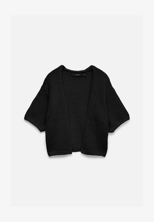 Cardigan negru tricotat grosier cu partea din față deschisă, mâneci scurte și croială lejeră, așezat plat pe fundal alb.