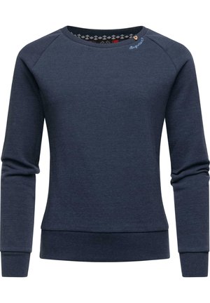 Mørkeblå sweatshirt med lange ærmer, rund hals, ribstrikkede manchetter og kant samt lille broderet tekst nær kraven.