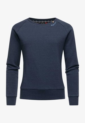 Mørkeblå sweatshirt med lange ærmer, rund hals, ribstrikkede manchetter og kant samt lille broderet tekst nær kraven.