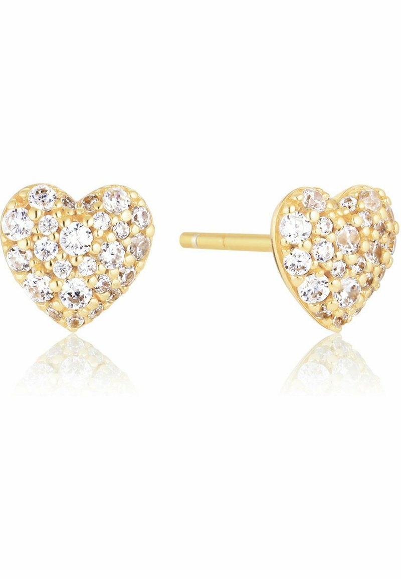 Goldene herzförmige Steckerohrringe, besetzt mit kleinen klaren Kristallen, mit einer polierten Oberfläche und einem schlichten Steckverschluss-Design.