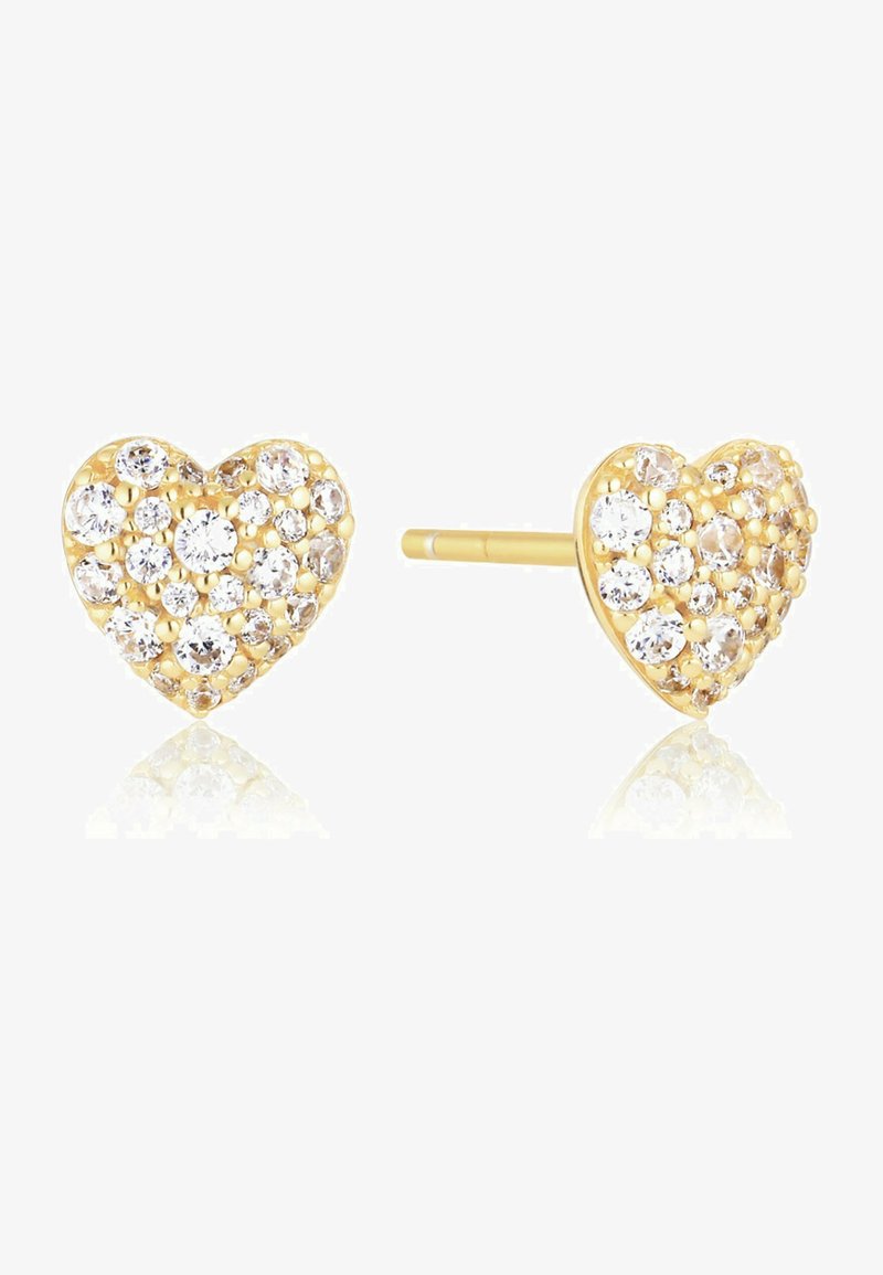 Goldene herzförmige Steckerohrringe, besetzt mit kleinen klaren Kristallen, mit einer polierten Oberfläche und einem schlichten Steckverschluss-Design.