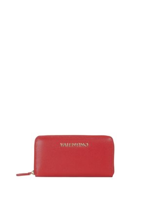 Red leather wallet with a textured finish, zipper closure, and gold "VALENTINO" logo on the front. Compact rectangular shape.