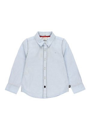 Light blue long-sleeve shirt with a button-down collar, black stitching accents, and a small logo on the chest. Features front buttons.