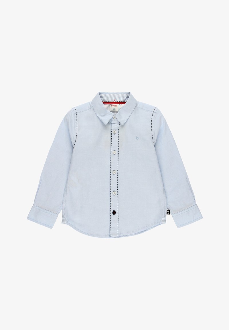 Light blue long-sleeve shirt with a button-down collar, black stitching accents, and a small logo on the chest. Features front buttons.