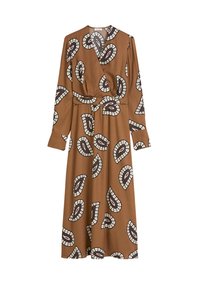 Braunes Wickelkleid mit weißen und schwarzen Paisleymustern, langen Ärmeln, tailliertem Bund und fließendem Rock. Hergestellt aus weichem Stoff.