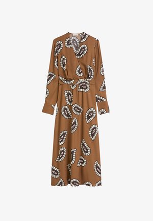 Brown wrap dress featuring white and black paisley patterns, long sleeves, a fitted waist, and a flowing skirt. Made of soft fabric.