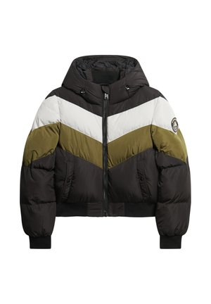 Giacca puffer corta con un motivo a zigzag nei colori nero, bianco e verde oliva. Presenta un cappuccio, chiusura con zip e polsini a coste.