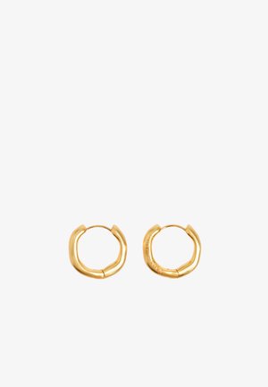 Gold hoop earrings with a slightly curved, textured design. The surface is smooth with a polished finish and minimalistic closure.