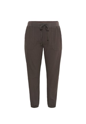 Pantalons bruns à cordon de serrage avec poignets élastiques, dotés de deux poches latérales et d'un tissu doux et léger. Texture lisse avec une coupe décontractée.