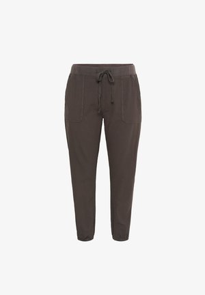 Braune Jogginghose mit Kordelzug und elastischen Bündchen, ausgestattet mit zwei Seitentaschen und einem weichen, leichten Stoff. Glatte Textur mit lockerer Passform.