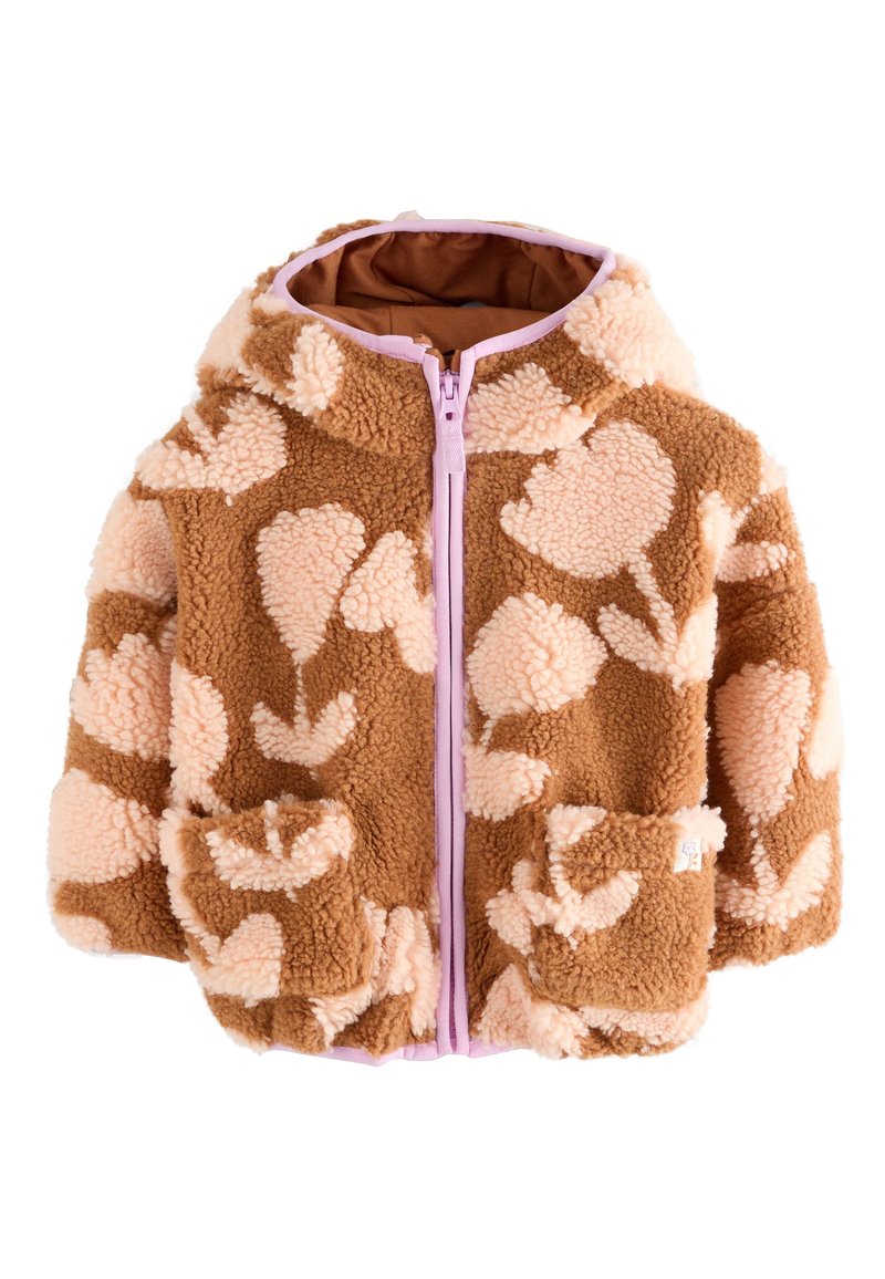 Bruine fleecejas met een bloemmotief in lichtbeige. Ritssluiting, kap en voorzakken met een zachte textuur. Roze accenten op de rits.