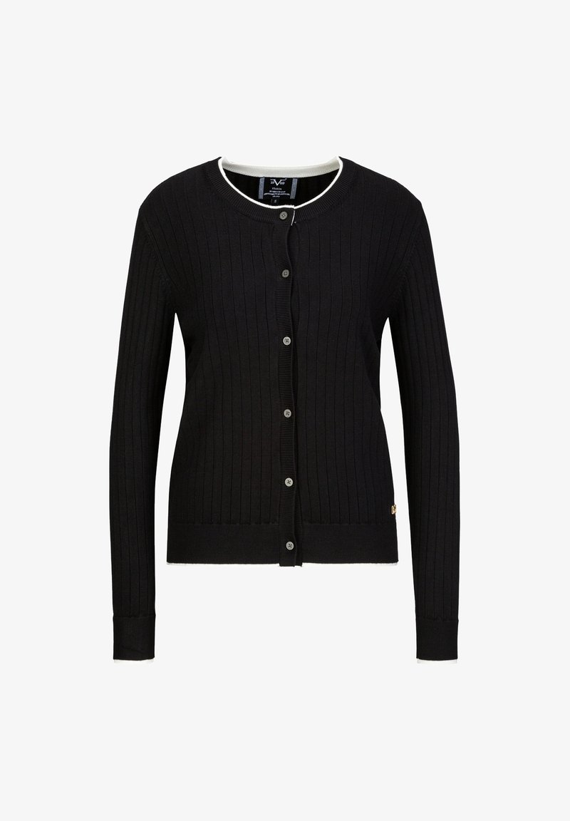 Schwarze gerippte Strickjacke mit langen Ärmeln, rundem Halsausschnitt und Knopfverschluss. Weißer Akzent am Kragen. Mit Logodetail am Saum.