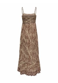 Robe à motifs de feuilles marron et crème avec des bretelles fines, un corsage smocké et une finition en dentelle au niveau de l'ourlet. Tissu léger et forme fluide.