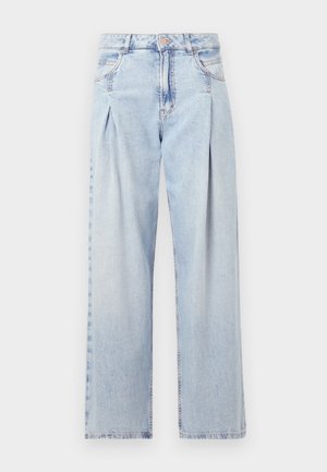 Light blue denim jeans with a high waist, wide-leg cut, two side pockets, and pleated design feature. Soft texture with a faded finish.