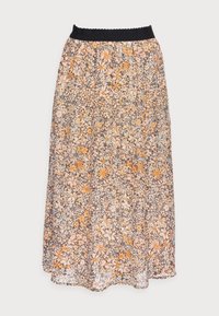Florale maxi rok met een elastische zwarte tailleband. Kenmerkt zich door oranje en lichtblauwe bloemen op een crèmekleurige achtergrond. Lichtgewicht, vloeiend materiaal.