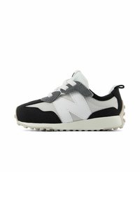 Black, grey, and white athletic shoe with a mix of suede and mesh materials. Features textured outsole and a prominent "N" logo on the side.