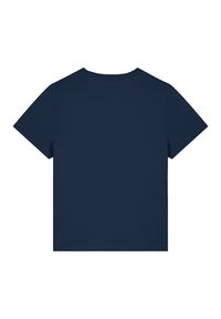 T-shirt à manches courtes bleu marine, col rond, couleur unie, en mélange de coton, texture lisse, sans motifs ni détails de design visibles.