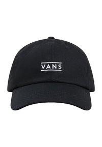 Schwarze Kappe aus textilem Material mit gebogenem Schirm, verstellbarem Riemen und einem weißen gestickten "VANS"-Logo auf der Vorderseite.
