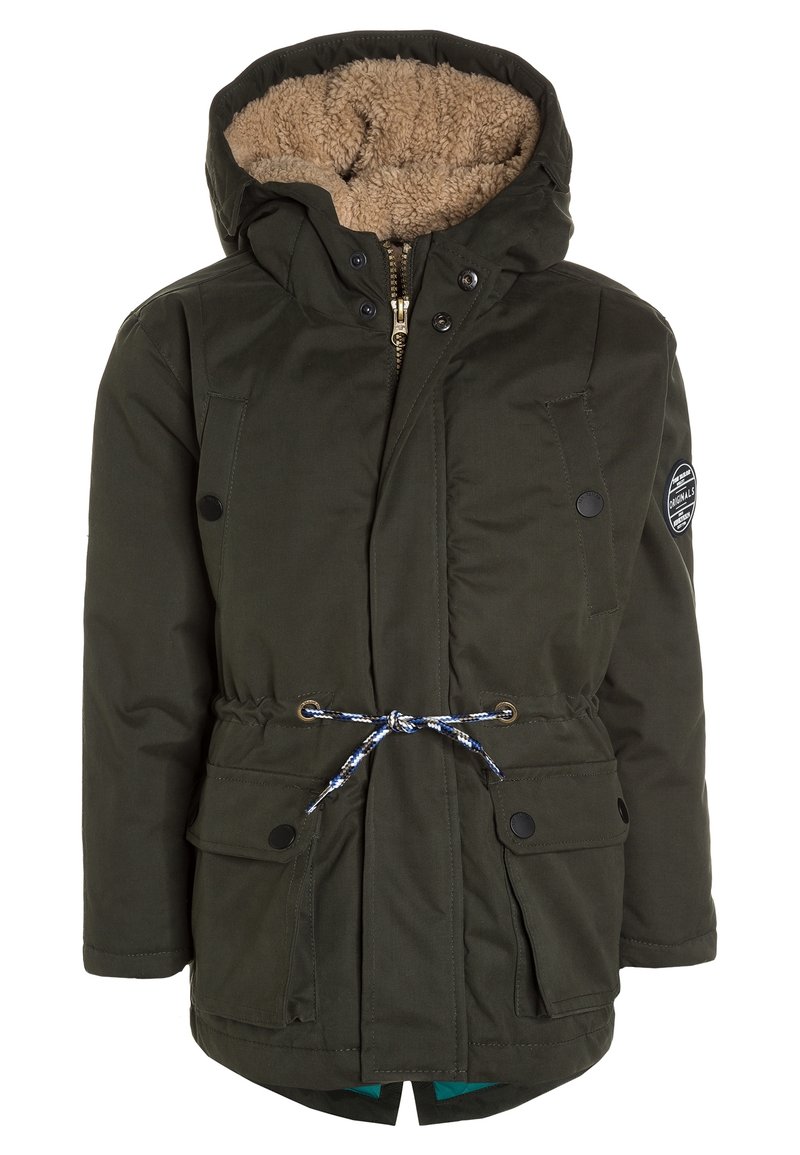 Veste parka rembourrée en vert foncé avec une doublure en fausse fourrure beige, taille ajustable par cordon, deux poches avant et une capuche. Fermeture éclair argentée et boutons-pression.