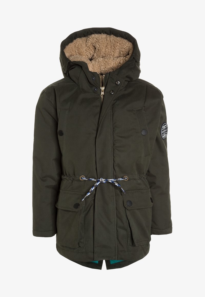 Veste parka rembourrée en vert foncé avec une doublure en fausse fourrure beige, taille ajustable par cordon, deux poches avant et une capuche. Fermeture éclair argentée et boutons-pression.