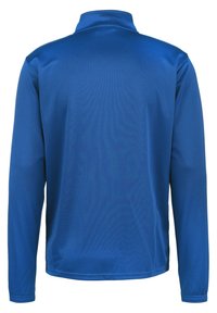 Langarmshirt in effen blauw, met een hoge kraag en een gladde, gestructureerde stof. Geen opvallende patronen of hardware zichtbaar.