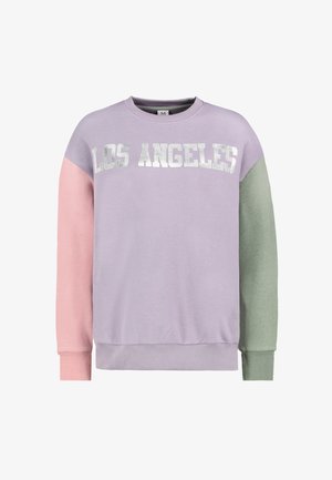 Crewneck sweatshirt with "LOS ANGELES" text, lavender body, pink left sleeve, and green right sleeve, medium size.