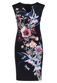 Svart ärmlös klänning med stort färgglatt blommönster och libellmotiv, med V-ringning och dragkedjestängning i ryggen.
