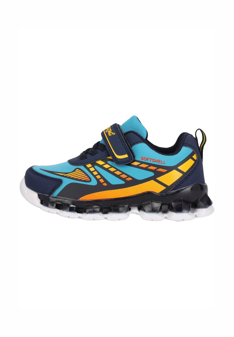 Blaue und marineblaue Sportschuhe mit gelben Akzenten, Obermaterial aus Mesh, Klettverschluss und einer gepolsterten Sohle mit klaren, blasenartigen Abschnitten.