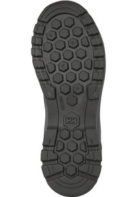 Zwarte rubberen schoenzool met een hexagonaal patroon voor grip, met getextureerde randen en een logo nabij het midden.