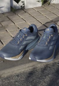 Blue athletic shoes with a textured mesh upper, light gray accents, and a rubber sole. Features three stripes logo and lace-up design.