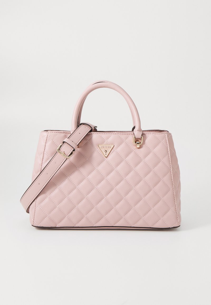 Borsa a tracolla rosa trapuntata realizzata in materiale sintetico; presenta manici superiori arrotondati, una tracolla regolabile e un accento del logo dorato.