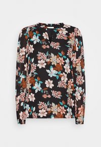Langærmet bluse i sort med et blomstermønster, der har pink, blå og brune blomster, afsluttet med en nøglehulsudskæring og en blød tekstur.