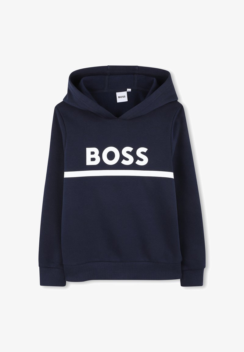 Sweat à capuche bleu marine avec capuche, manches longues, une bande blanche horizontale et le mot "BOSS" imprimé en grandes lettres blanches à l'avant.